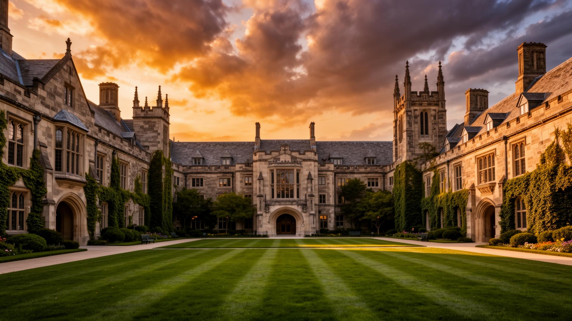 Iconic world-class university campus at golden hour